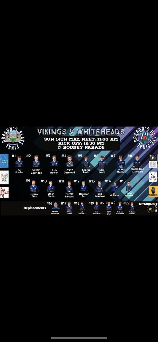 Vikings16s's tweet photo. Your @Vikings13s line up for tomorrows @dragonsrugby @DragonsHUBs Plate Final @rodneyparade . Good luck to you all, a fantastic bunch of young men. Always a big thanks to Sponsors, Parents and everyone associated to us #Vikings #OhWhenTheBridge #NewbridgeOnFire #SweetCaroline https://t.co/MZM6NMVLGx