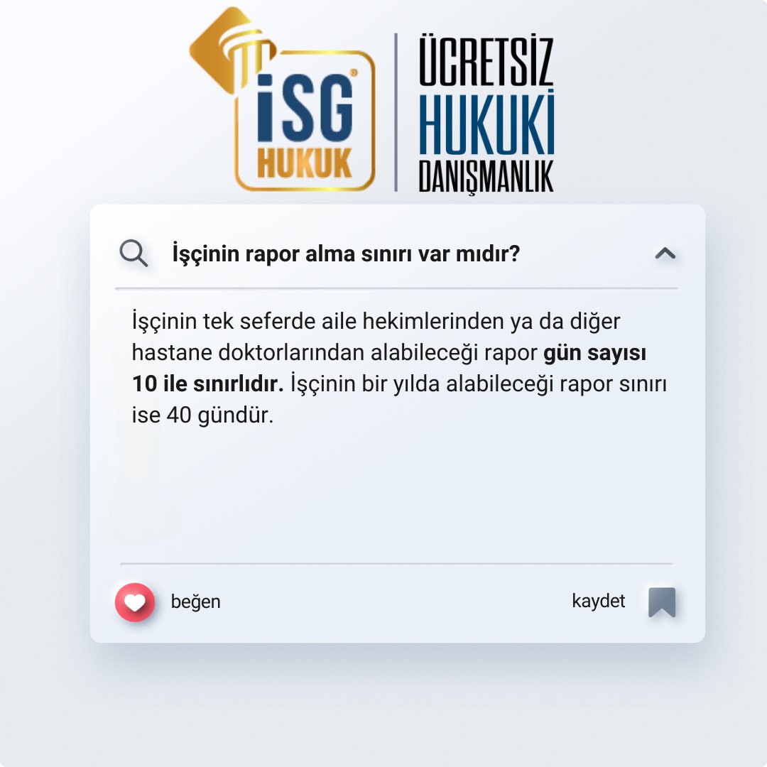 İşçinin rapor alma sınırı var mı? Her işçi, koruma ve muhafaza etmek için raporlanabilir. Haklarına sahip çıkmak demek Sağlığınız ve refahınız her şeyden önemlidir.
#İşçininRaporHakkı, #SağlıklıÇalışmaŞartları #İnsancaÇalışma 

<a href="/cuneyd6parmak/">Cüneyd Altıparmak</a>