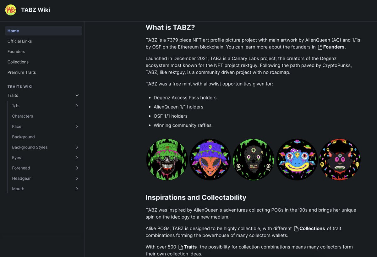 Introducing tabz.wiki - a community created wiki to help you with all things <a href="/TABZ_NFT/">TABZ</a> by <a href="/ALIENQUEENNFT/">ALIENQUEEN</a> / <a href="/osf_rekt/">OSF</a> / <a href="/rektmando/">Mando</a>

From an overview on the project to breakdowns on set collections and traits

Discover the world of TABZ at tabz.wiki