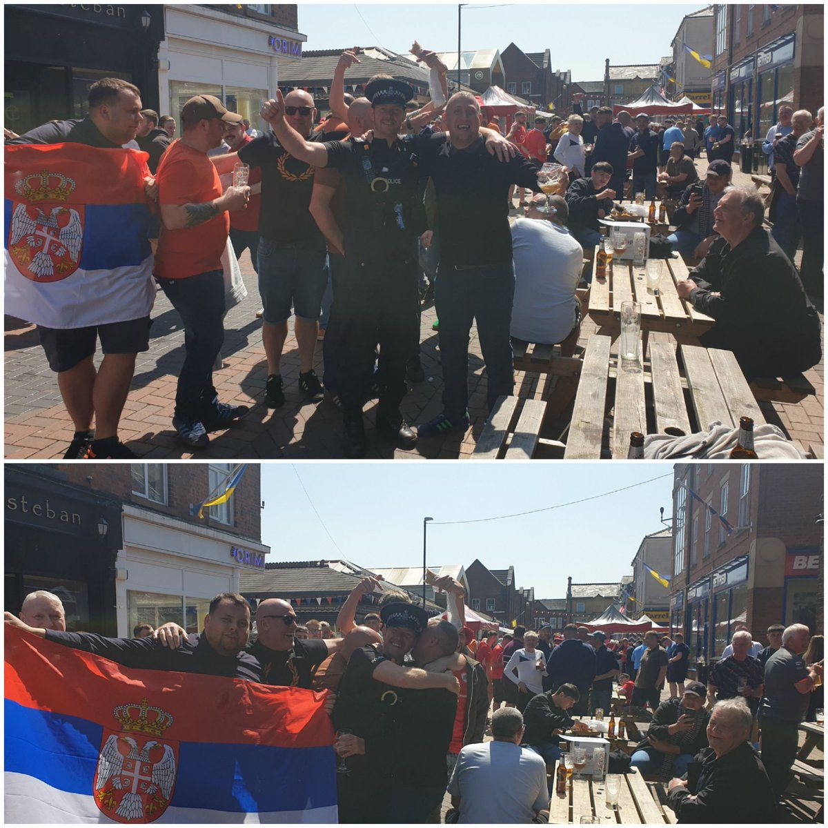 Here at Chorley Police we love it when @BarnsleyFC come to visit before they play @OfficialBWFC . The fans are always respectful and contribute greatly to our local economy. We asked the significance of the Serbian Flag and apparently they have a Serbian Striker.