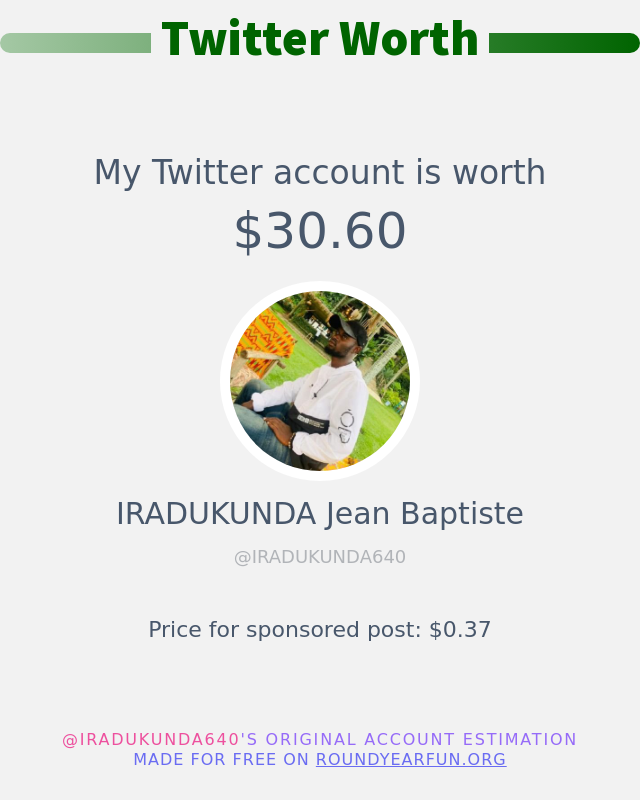 DUKUNDA64f's tweet photo. My Twitter worth is: $30.60

➡️ https://t.co/gZRqB5fhMx https://t.co/CuEYQwRkZ2