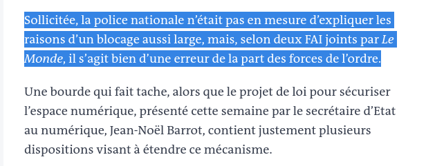 Un bon point d'étape dans le Monde (via <a href="/michelguillou/">Michel Guillou 🌱</a>). La police ne sait pas ce qui s'est passé, les FAI sont plus au courant manifestement. On sent un gros flottement dans le dispositif. #pjlsren lemonde.fr/pixels/article…