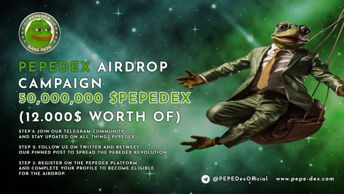 PEPEDexGlobal's tweet photo. @elonmusk 🎁#PEPEDEX #Airdrop - Grab Your Share of the PEPE Revolution!  Are you ready for the most exciting airdrop of the year?  

PRIZE:50,000,000 $PEPEDEX - 12.000$ WORTH OF

https://t.co/8bfEAB6tiL… 

#Crypto #pepecoin #GiveawayAlert #AirdropCrypto #AirdropAlert #cryptocurrency https://t.co/mUxHVR19Nn