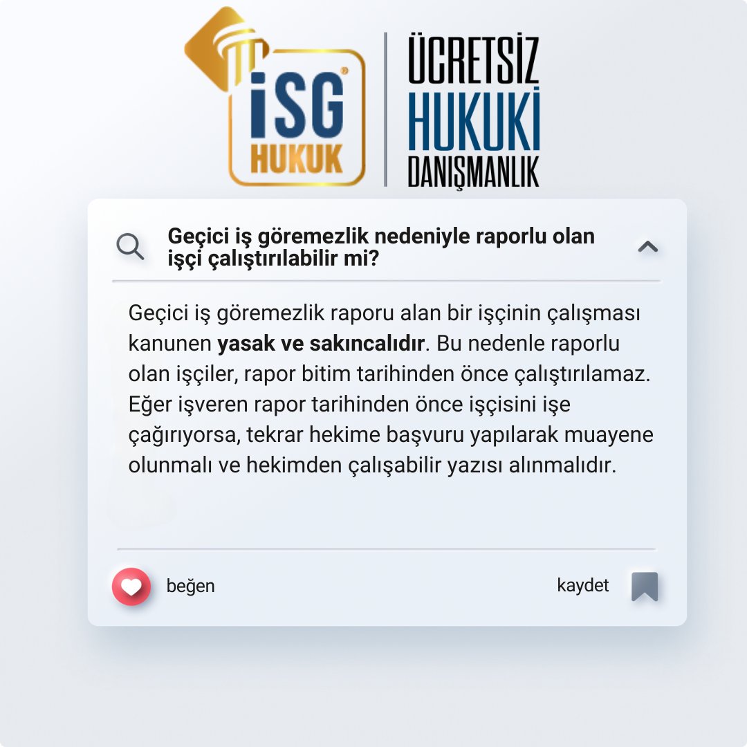 📢 AÇIKLAMA: Geçici süre çalışamaz raporu alan bir kişinin çalıştırılması etik ve yasal olarak kabul edilemezdir. 
#SağlıkÖnceliklidir #ÇalışanHakları #İnsancaYaşam #İşGüvenliği #EtikStandartlar

<a href="/cuneyd6parmak/">Cüneyd Altıparmak</a>