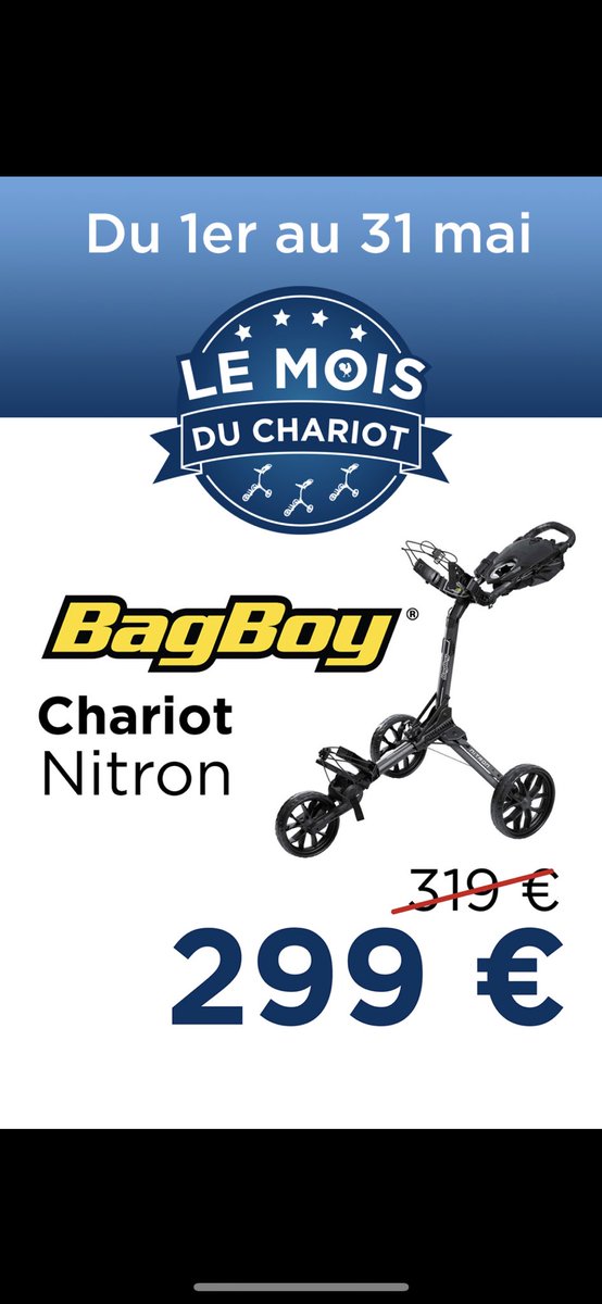 Ce mois-ci, les chariots sont les produits du mois au Golf National.
Le chariot BagBoy Nitron est à 299€ au lieu de 319€.