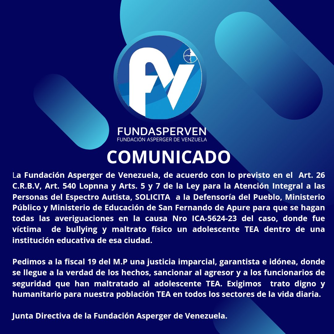 fundasperven's tweet photo. La Junta Directiva de la Fundación Asperger de Venezuela emitimos el siguiente comunicado sobre el caso de un adolescente TEA en San Fernando de Apure. https://t.co/wv1jA4X2CK
