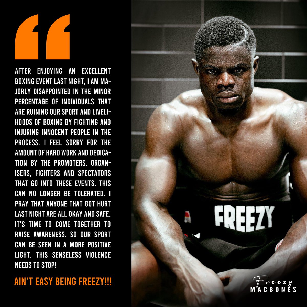 freezy_macbones's tweet photo. #SayNoToViolence 
•
•
Ain’t easy being freezy 
#boxingnews 
@MichaelBensonn https://t.co/Vh0nyruU3d