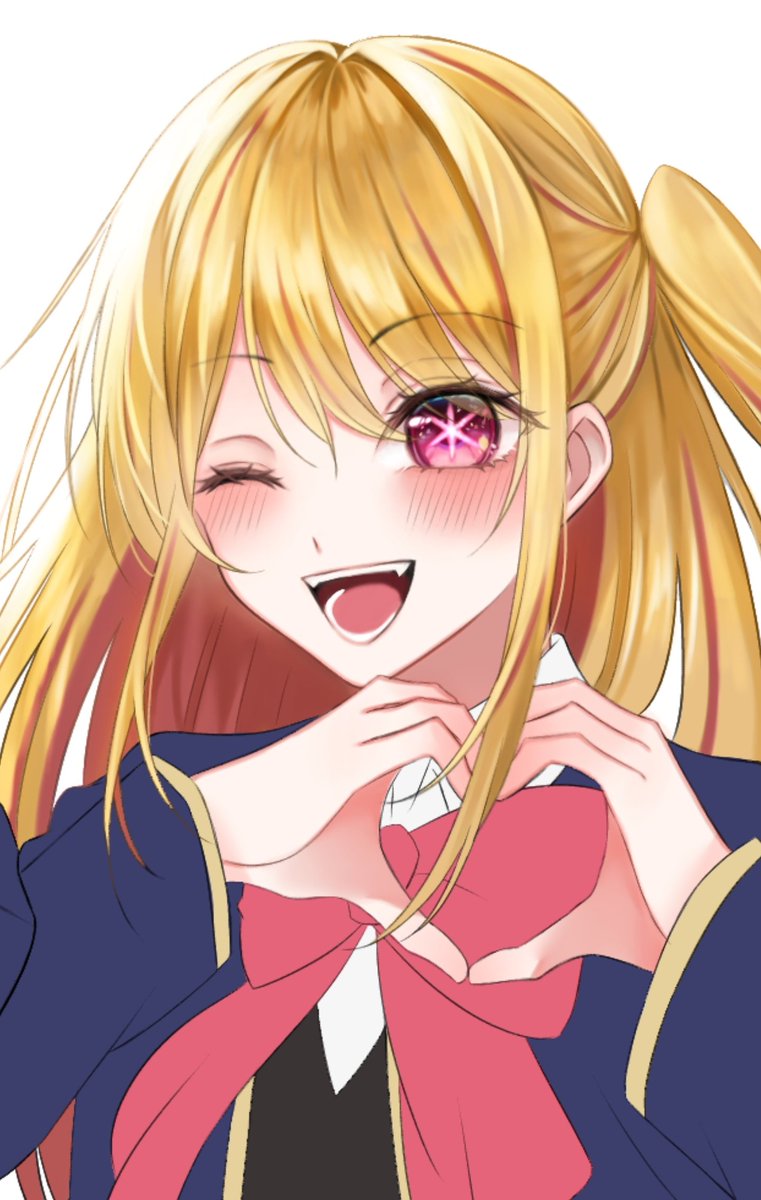 1girl one eye closed solo blonde hair heart hands smile heart  illustration images