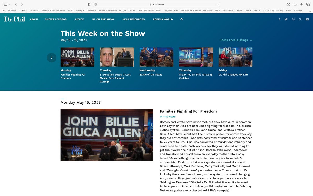 Please tune into the @DrPhil show on Monday to learn more about the wrongful convictions of @John_Giuca and @FREEBillieAllen. In the NY market it airs at 3 pm on @CBSNewYork @MotherJusticeBK @xoner8ed @itsjasonflom @marcmhoward #MakinganExoneree @barketepstein @brucebarket