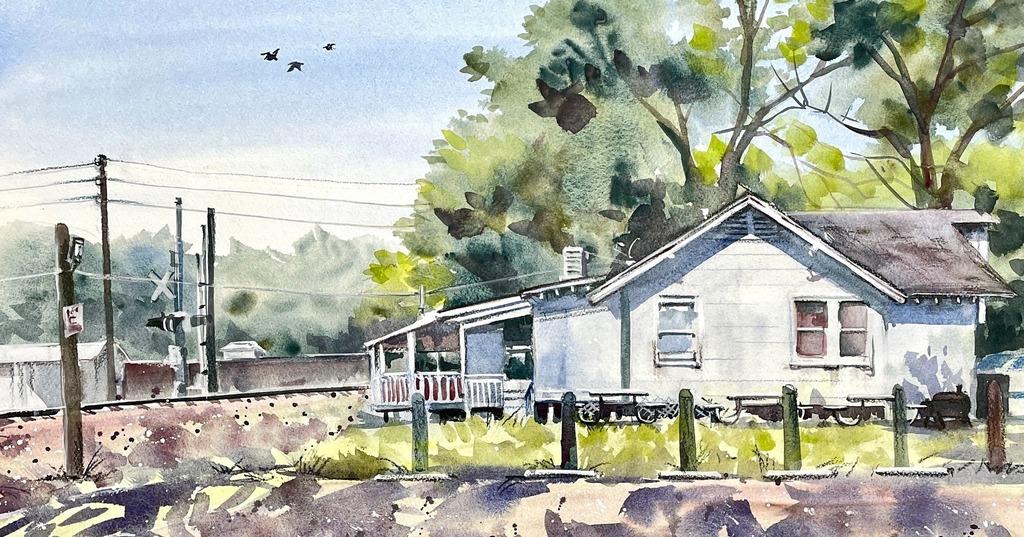 TummyRubbStudio's tweet photo. I was really captivated by this humble icehouse on the side of railroad tracks in Old Town Spring, maybe because it looks so Texas to me. I just had to paint it larger after I did the quick on-location sketch (shown here last). I used Schminke super-gran… https://t.co/Nicf5jSgI3 https://t.co/aa02NmOlYG