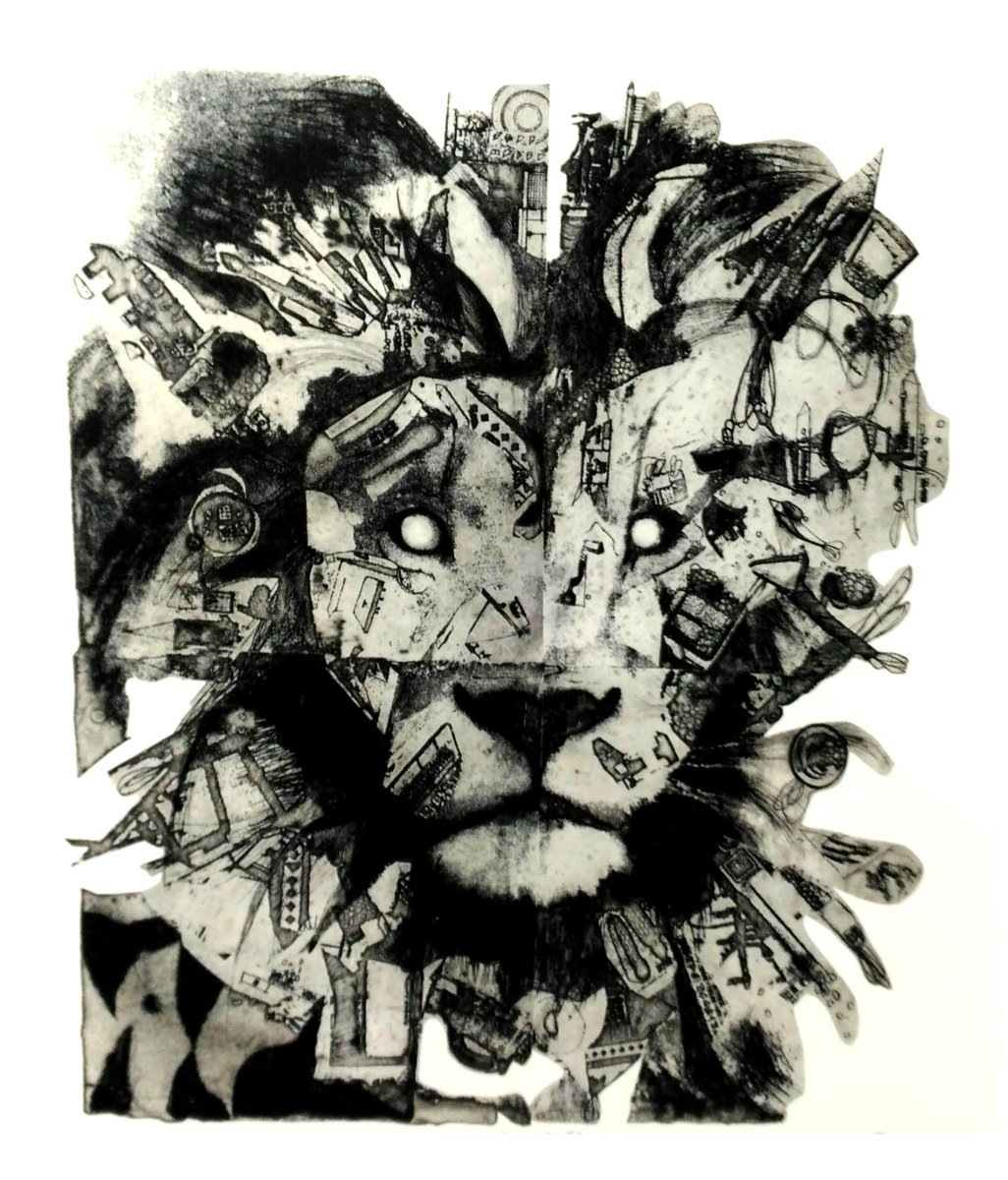 #イラスト好きな人と繋がりたい #絵描きさんと繋がりたい #イラスト #絵 #銅版画 #ライオン title「荒野の猛獣」