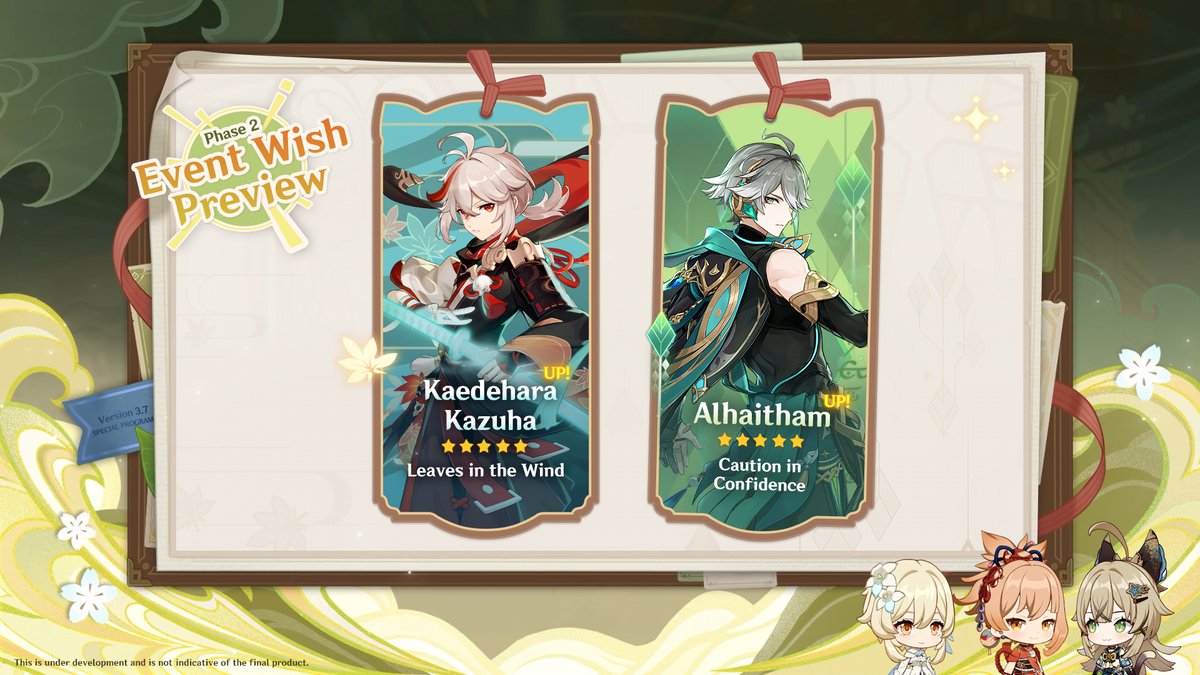 Version 3.7 Event Wishes Announcement

Phase 1
Boosted Drop Rate for "Frolicking Flames" Yoimiya (Pyro) and "Astute Amusement" Yae Miko (Electro)

#Kirara will also appear in the event wishes "Tapestry of Golden Flames" and "Everbloom Violet"

#GenshinImpact #Yoimiya #YaeMiko