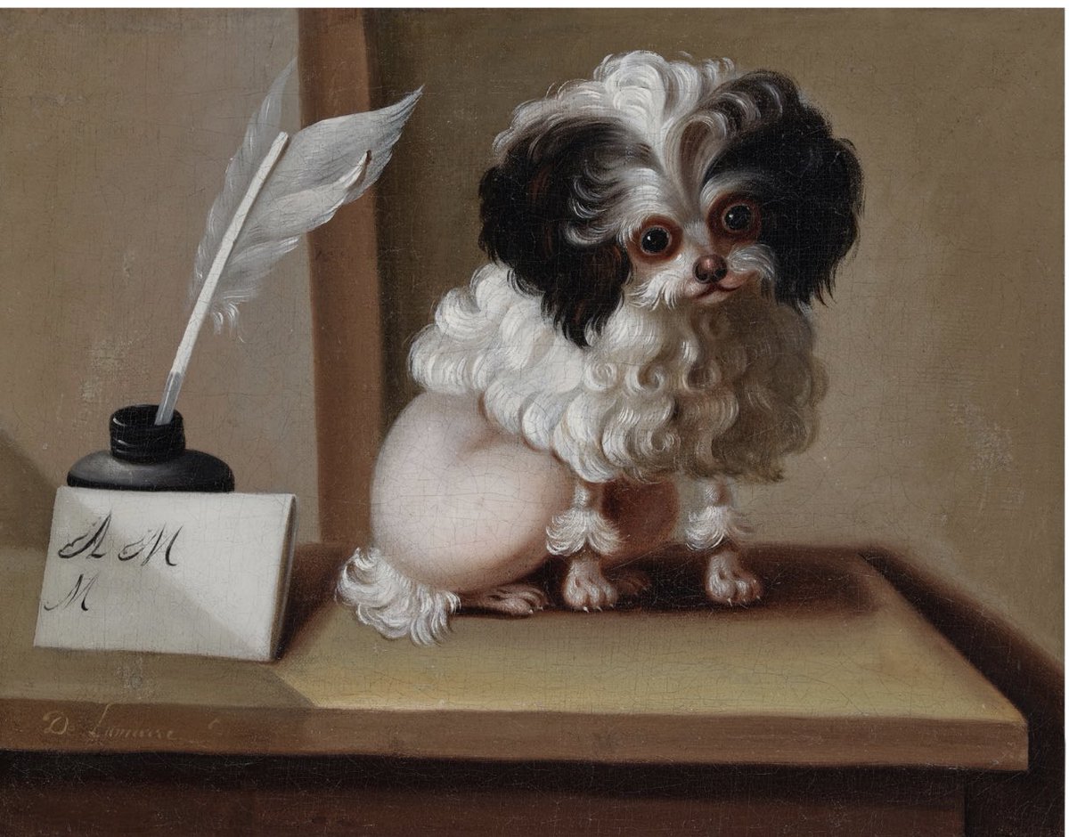 If anyone has a spare $5000, you should use it to buy this spectacularly good portrait of Marie Antoinette’s beloved tiny poodle, “Pompon,” by Jacques Barthélémy Delamarre. 

On sale at <a href="/Sothebys/">Sotheby's</a>: 
sothebys.com/en/buy/auction…
