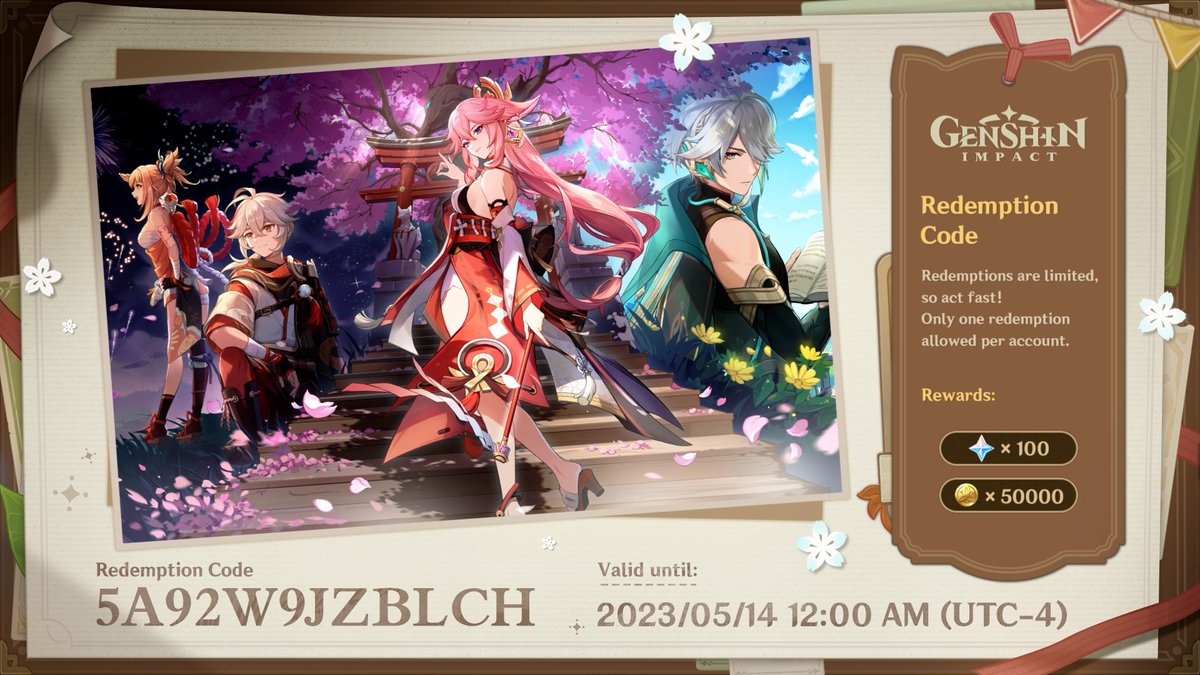GenshinImpact's tweet photo. Travelers, here are the redemption codes for this Special Program!

【XT82F8JZS4TR】Primogems ×100 + Mystic Enhancement Ore ×10
【2SRKFQ2YSMVV】Primogems ×100 + Hero's Wit ×5
【5A92W9JZBLCH】Primogems ×100 + Mora ×50,000

#GenshinImpact https://t.co/L3OaLLO890