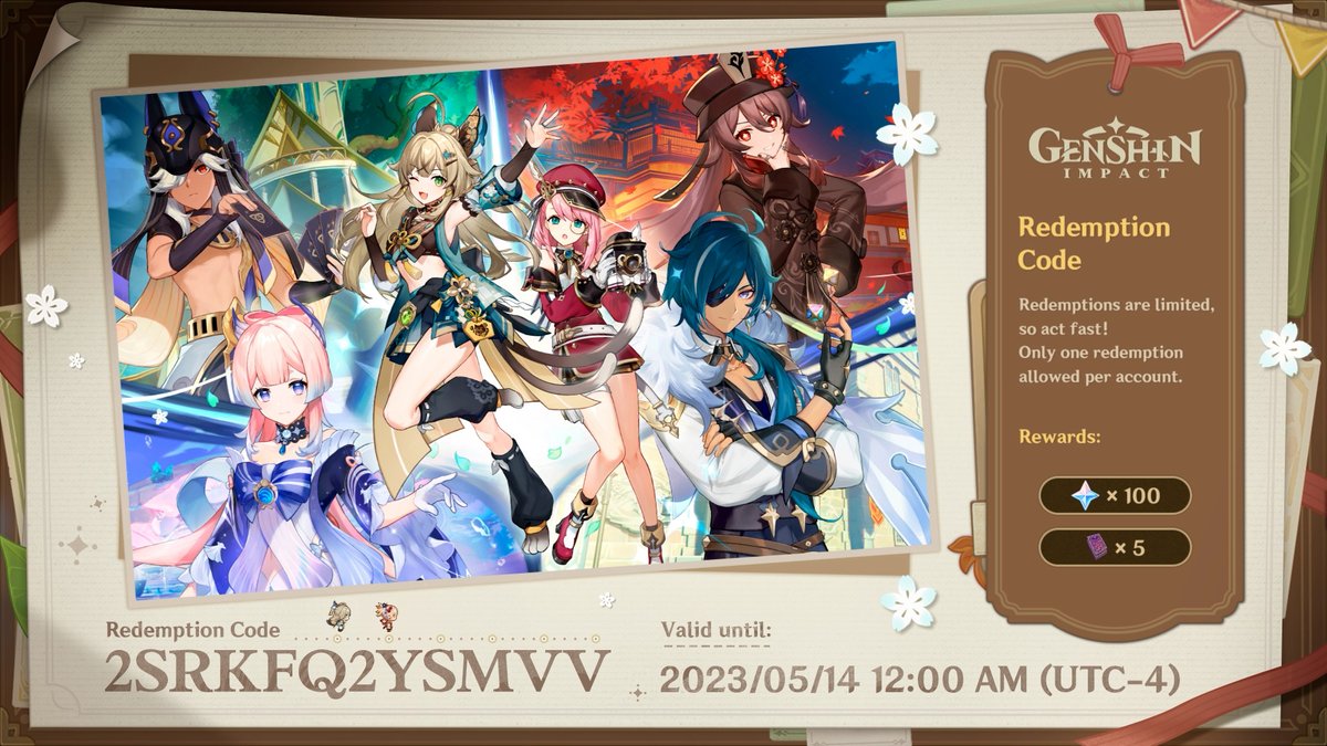GenshinImpact's tweet photo. Travelers, here are the redemption codes for this Special Program!

【XT82F8JZS4TR】Primogems ×100 + Mystic Enhancement Ore ×10
【2SRKFQ2YSMVV】Primogems ×100 + Hero's Wit ×5
【5A92W9JZBLCH】Primogems ×100 + Mora ×50,000

#GenshinImpact https://t.co/L3OaLLO890