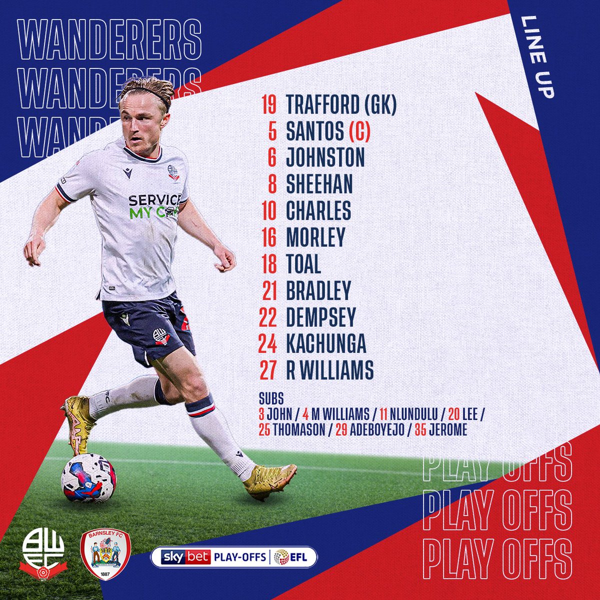 OfficialBWFC's tweet image. 📋 Here is how we line-up for our Play-Off semi-final first leg...

𝗖𝗢𝗬𝗪𝗠! ✊

#bwfc