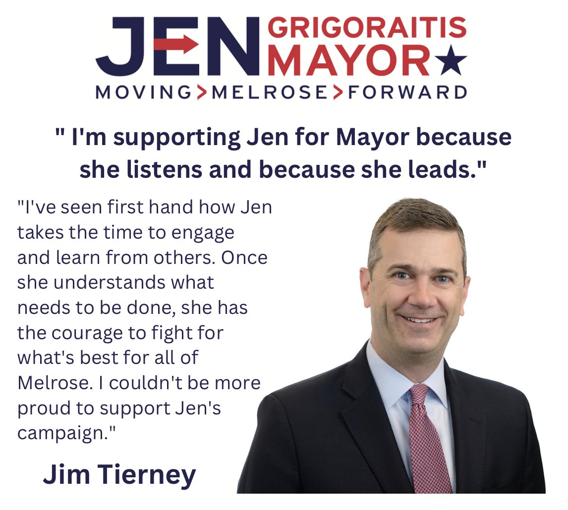 Honored to have the support of Jim Tierney -- a Melrose Homeowner, MPS Parent & Community Volunteer. Come join our growing grassroots team at jenformelrose.com/volunteer #melrose #melrosema #mapoli #melrosemayor