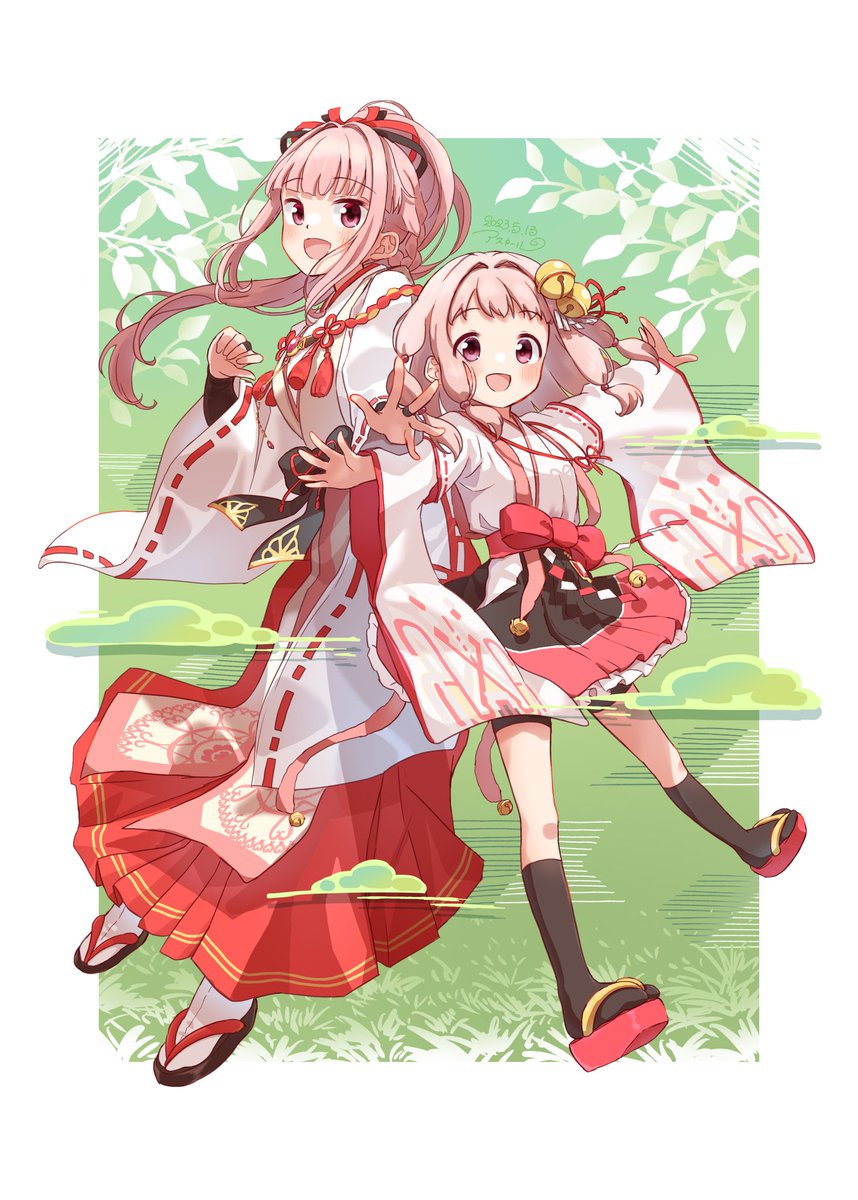 tamaki iroha multiple girls 2girls pink hair japanese clothes dot nose ribbon trim smile  illustration images