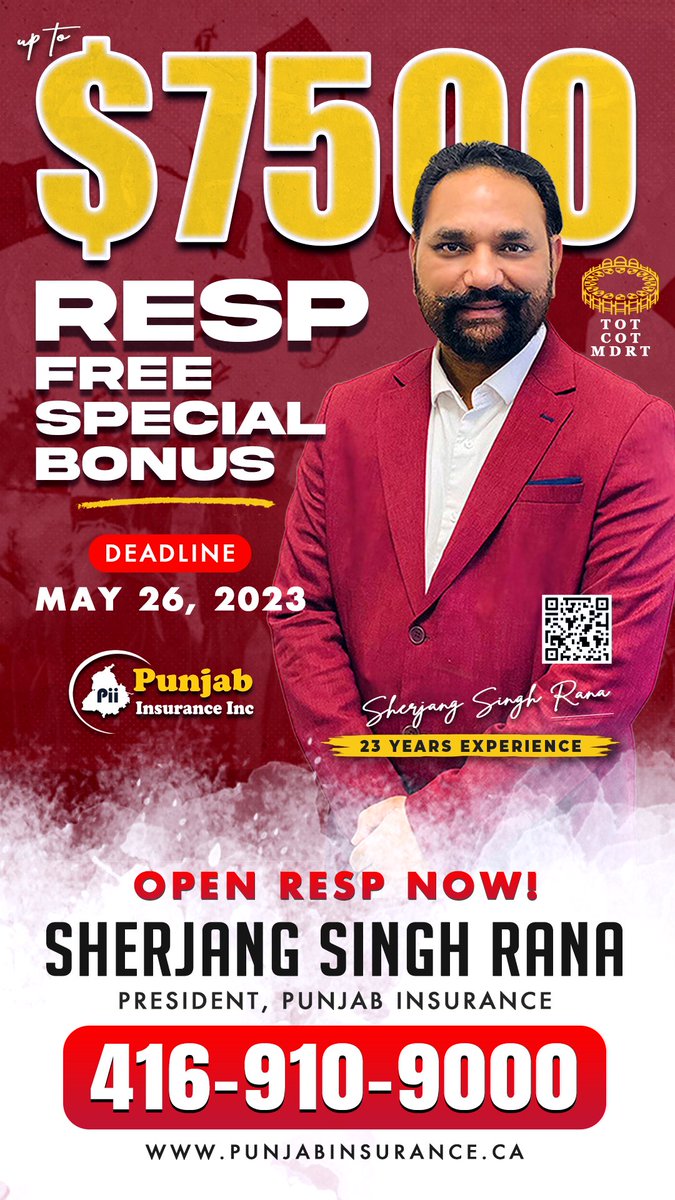 $7500 RESP FREE SPECIAL BONUS DEADLINE  - MAY 26, 2023
#SherjangSinghRana #HarpreetRana #PunjabInsurance #TravelInsurance #Education #Grants #Brampton #Montreal #Winnipeg #Ontario #Ottawa #Canada #lifeinsurance #visitorsinsurance #InsuranceAdvisor #visitorstocanadainsurance