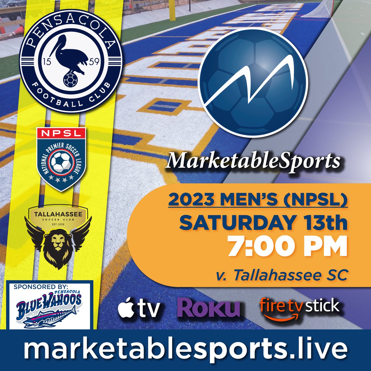 MarketableSport's tweet photo. ⚽️📺 GAME DAY 📺⚽️
Defense of the 850 Cup begins for the Pelicans this evening. Can’t make it to the game? We got you. @PensacolaFC @TLHSoccerClub @NPSLSoccer https://t.co/BEUE2dnWkp