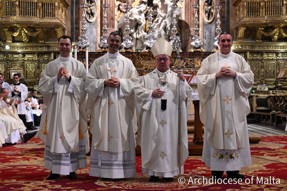 BishopScicluna's tweet photo. What a profound grace and joy to celebrate the Priestly Ordination of Fr Gylan, Fr Clive and Fr Ian OP on Saturday 13 May 2023 at St John’s Co-Cathedral, #Valletta, #Malta. May the Good Shepherd endow our new priests with His Spirit, His peace, His compassion, His love! https://t.co/jJs2DIRSHL