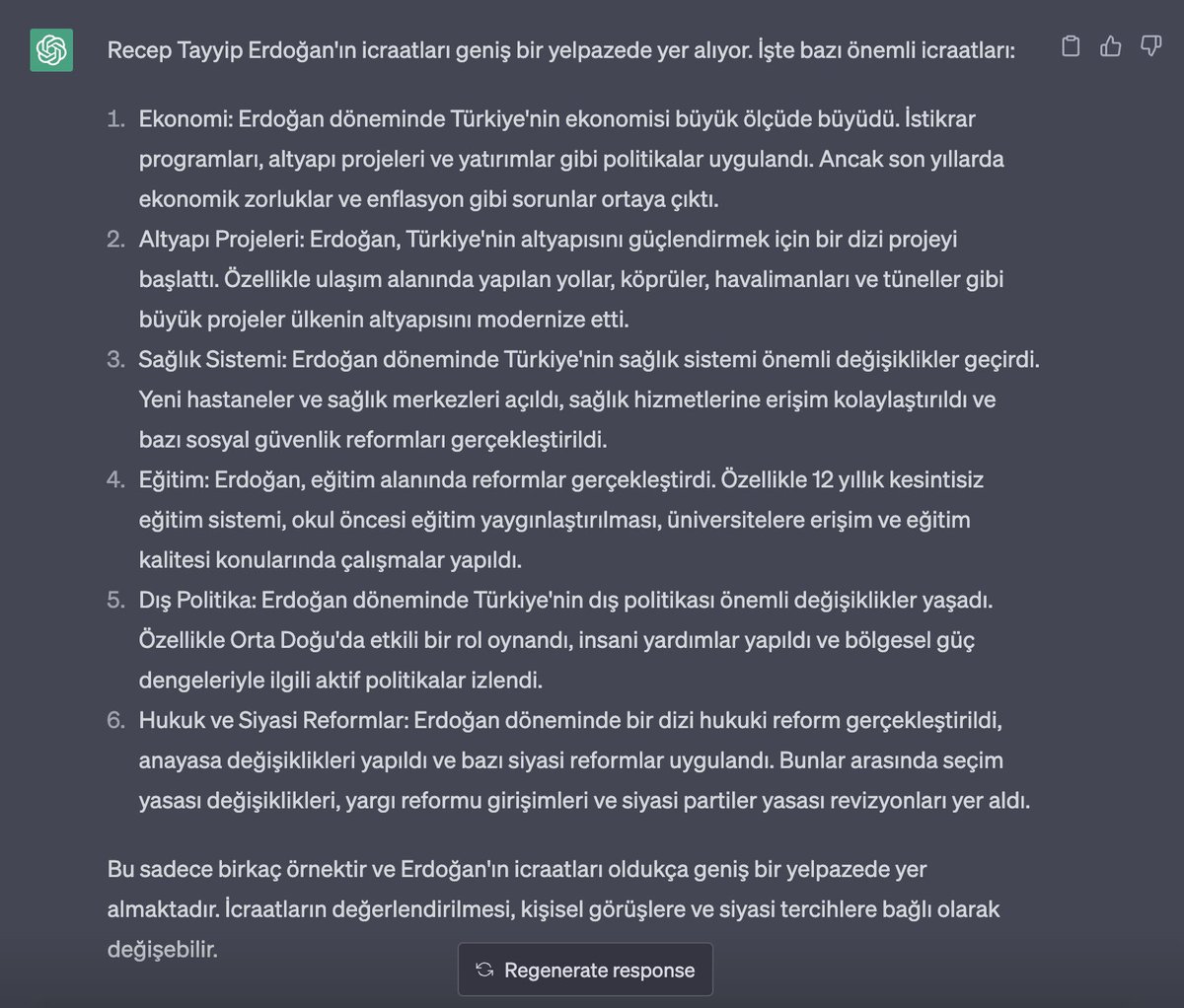 ChatGPT'ye Erdoğan'ın icraatlerini saymasını istedim