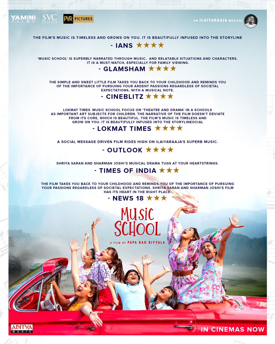 This is music to our ears 😍

Thank you all for the overwhelming reviews for #MusicSchoolMovie
at your nearest theatres 

Refreshing Family Entertainer

an <a href="/ilaiyaraaja/">Ilaiyaraaja</a> musical🎶

<a href="/shriya1109/">Shriya Saran</a> <a href="/TheSharmanJoshi/">Sharman Joshi</a> <a href="/singer_shaan/">Shaan</a> <a href="/SVC_official/">Sri Venkateswara Creations</a> <a href="/PicturesPVR/">PVR INOX Pictures</a> <a href="/paparaobiyyala/">PAPARAO BIYYALA</a> <a href="/adityamusic/">Aditya Music</a>