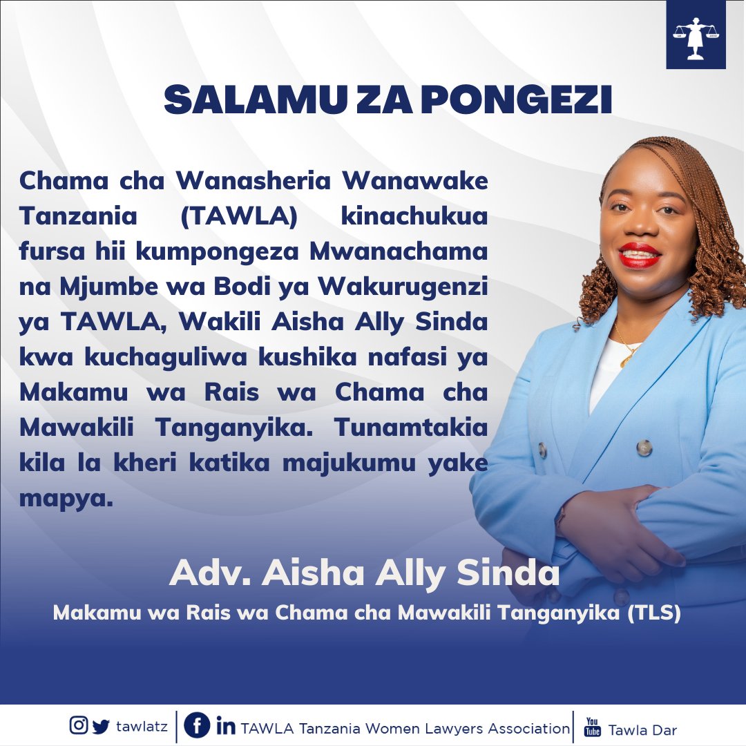 Hongera kwako <a href="/aishasinda/">aisha sinda</a> na hongera kwa <a href="/TanganyikaLaw/">Tanganyika Law Society(TLS)</a> kwa kupata uongozi mpya.
#HakiHainaJinsia