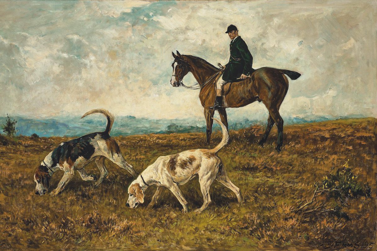 On the Scent by John Emms (1844-1912); painted 1895 #art #artist #artists #painting #paintings #dog #horse #fox #hunting #landscape #scotland #england #horseback #artwork #artworks