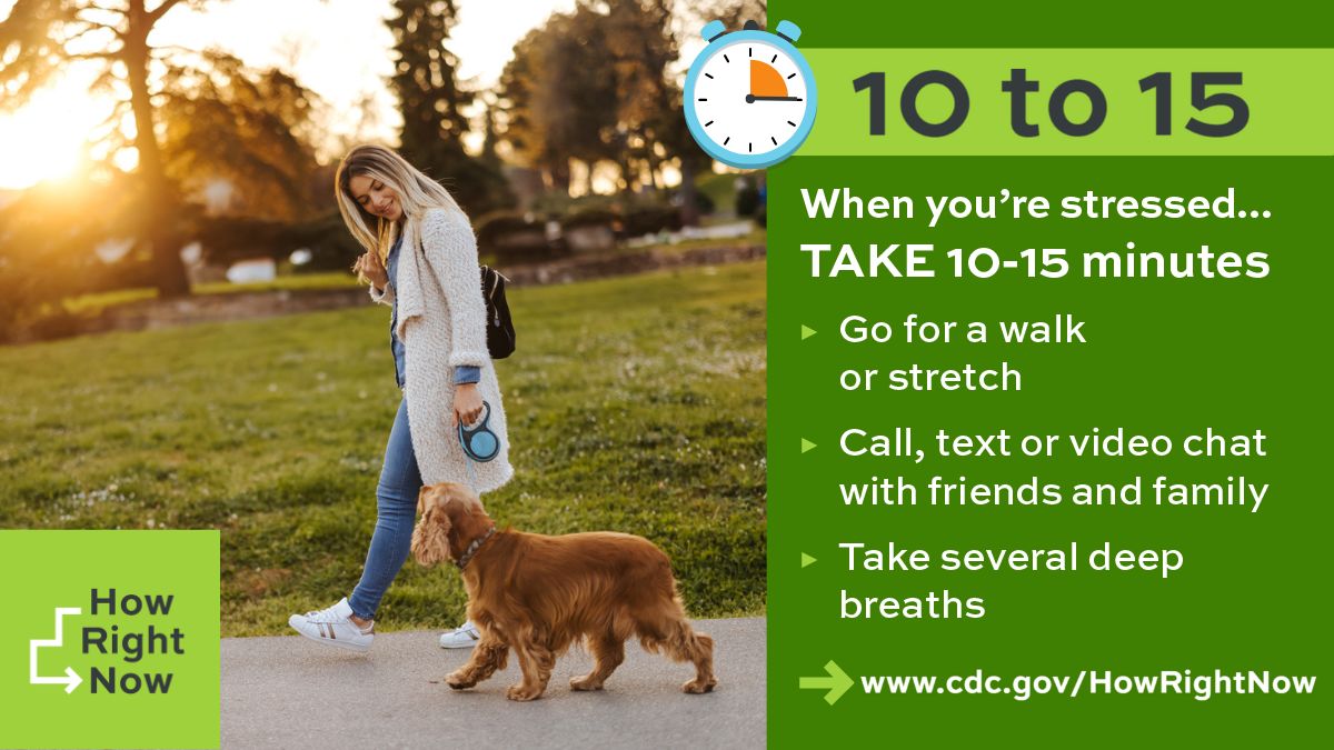 CDCFound's tweet photo. Cuddling with your pets or taking your dog for a walk can be great ways to relieve stress. Even a 10-15 min break for yourself can do wonders. Check out #HowRightNow for more #MentalHealthAwarenessMonth tips. https://t.co/aT36OtEGyc @CDCChronic https://t.co/6LfZ73K9Xi