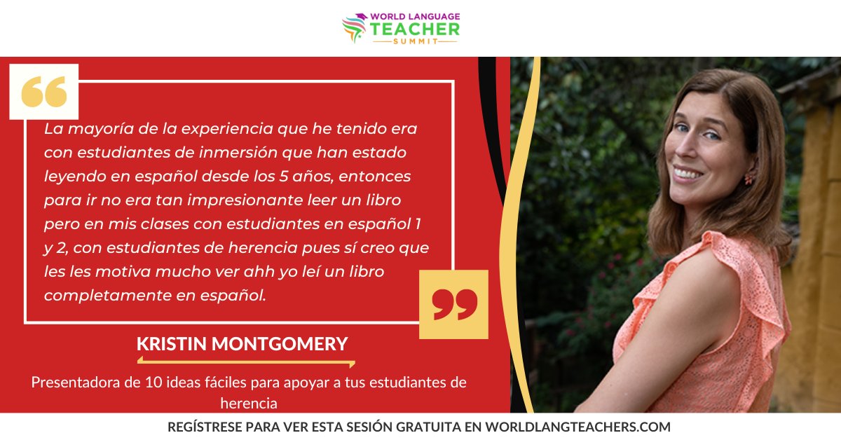 SpeakingLatino's tweet image. ¡Únete a Kristin Montgomery mientras comparte sus 10 ideas fáciles para apoyar a tus estudiantes de herencia! Regístrate gratis en worldlangteachers.com #WLTS23ESP #spanishteachers #langchat #heritagespeakers