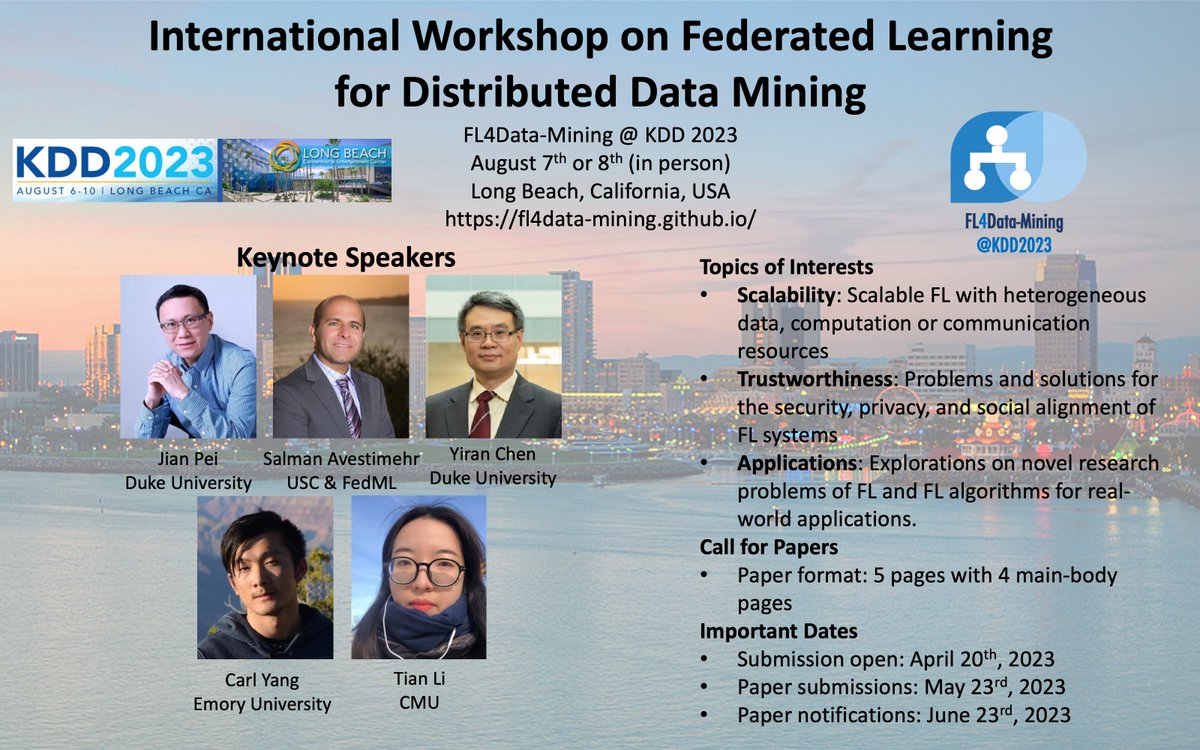 FL4DataMining's tweet photo. Enjoyed #iclr2023 and #SDM in the last few weeks? It is time to move to KDD. #FL4DataMinin workshop is on the way. Submit your papers and meet with our exceptional speakers at Long  Beach this summer! https://t.co/KB73oh9Uf1