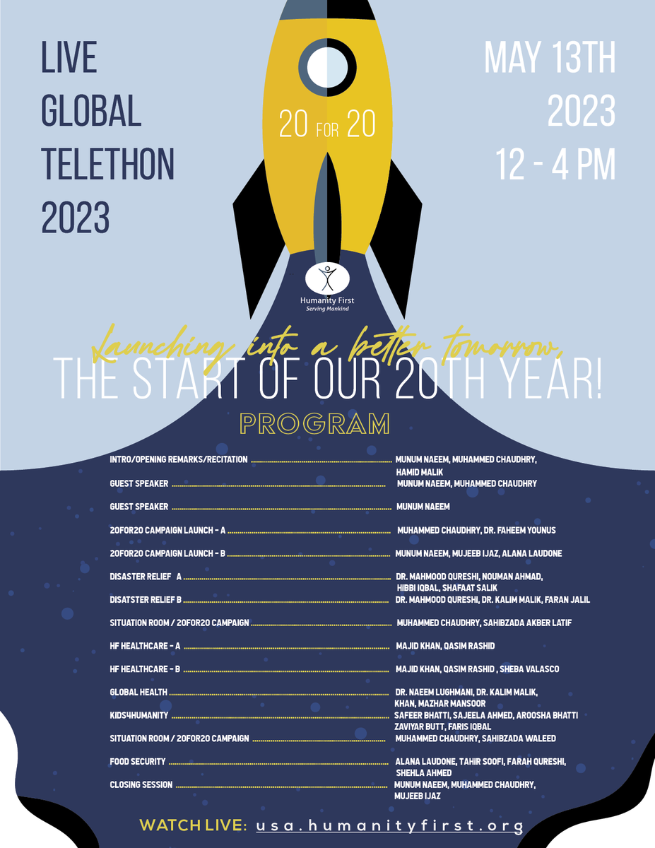 HFUSA's tweet photo. WE WILL BE LIVE AT NOON!
The count down begins! This is the program for you to sit and enjoy! So lets get ready for the amazing 2023
LIVE GLOBAL TELETHON
Launching into a better tomorow!
#HFTelethon23 #20KforHumanity
https://t.co/hE5sUwoh6v https://t.co/n3Bxd7ilsr