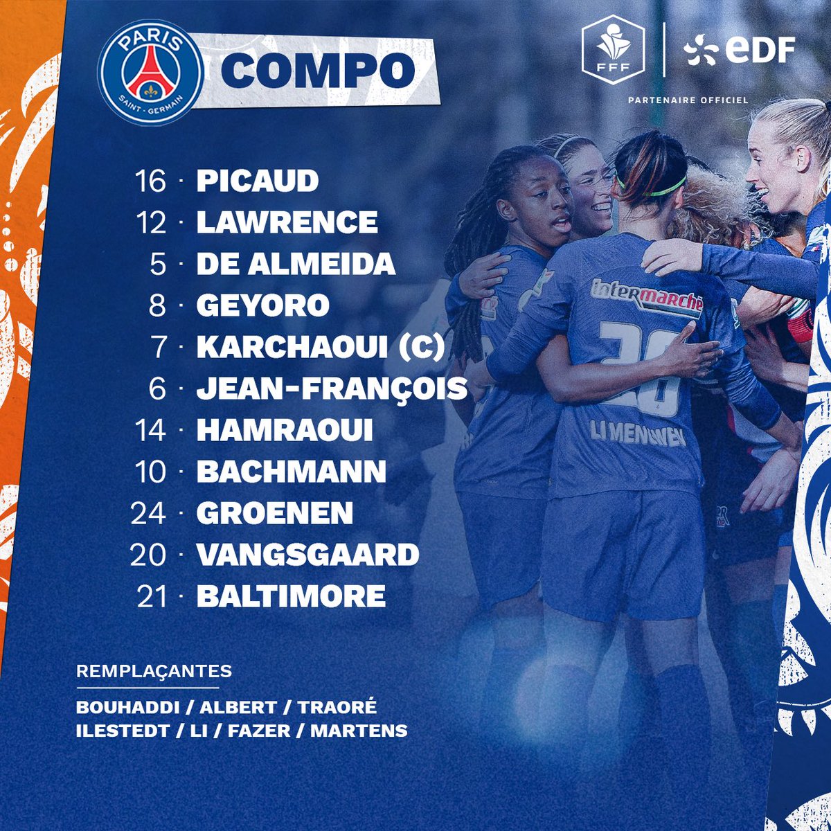 EDF_Foot's tweet photo. Les compositions des 2 équipes pour la finale de la Coupe de France Féminine viennent d'être dévoilées ⬇️🏆 Que pensez-vous de ces 1️⃣1️⃣ ? #OLPSG #CoupedeFrance #EnergieduFoot #DLDS https://t.co/y0Ut47wNAc