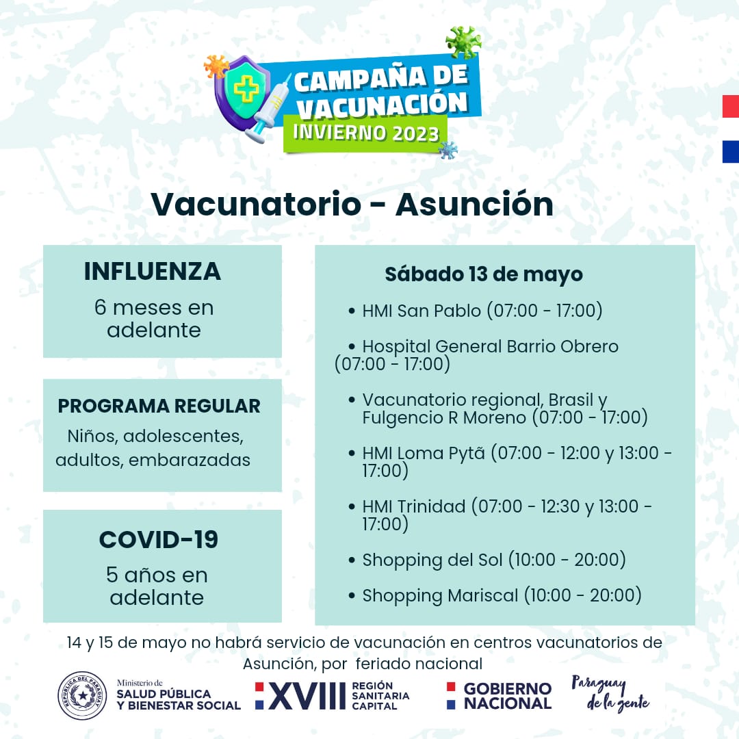 💉 en vacunate.gov.py pueden ver  los centros vacunatorios habilitados este sábado 13 de mayo