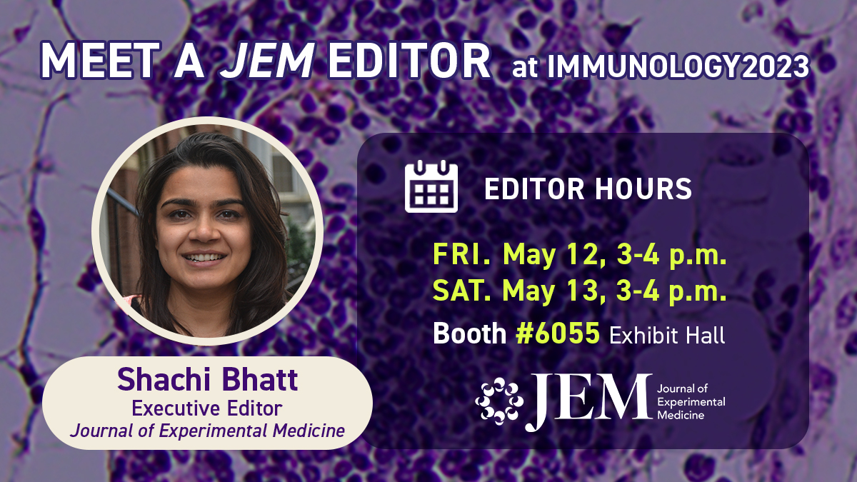 JExpMed's tweet photo. Attending #AAI2023 and want to discuss your #immunology research with us? Meet our Executive Editor @Shachi_JExpMed &amp; learn how JEM is making the publishing process easier for authors!

🗓️ Fri &amp; Sat, 3-4pm, Booth #6055

See our Immunology Collection: https://t.co/m66ZTYqGKB https://t.co/FYyAvQcgqC