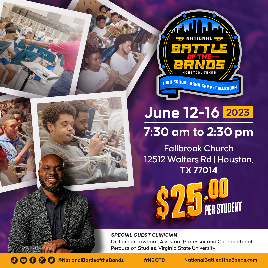 NationalBOTB's tweet photo. ๐ผ Ready to take your musicianship to new heights? The #NationalBattleoftheBands High School Band Camp at #FallbrookChurch is your ticket to an unforgettable musical journey! ๐ Register today and let the rhythm lead the way! ๐ in bio. ๐ฅ #NBOTBBandCamp #NBOTBcares #Houston https://t.co/4JbYeC9oKM