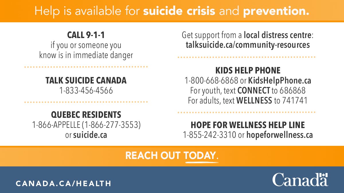 CPHO_Canada's tweet photo. You are not alone. Whether you’re in crisis or just need to talk, there’s someone there for you 24/7. Help is just a click, call or text away. Free supports are available to people of all ages in Canada and Canadian abroad.

Learn more: https://t.co/hxMGf0mAWp https://t.co/KXF4h9jBPc