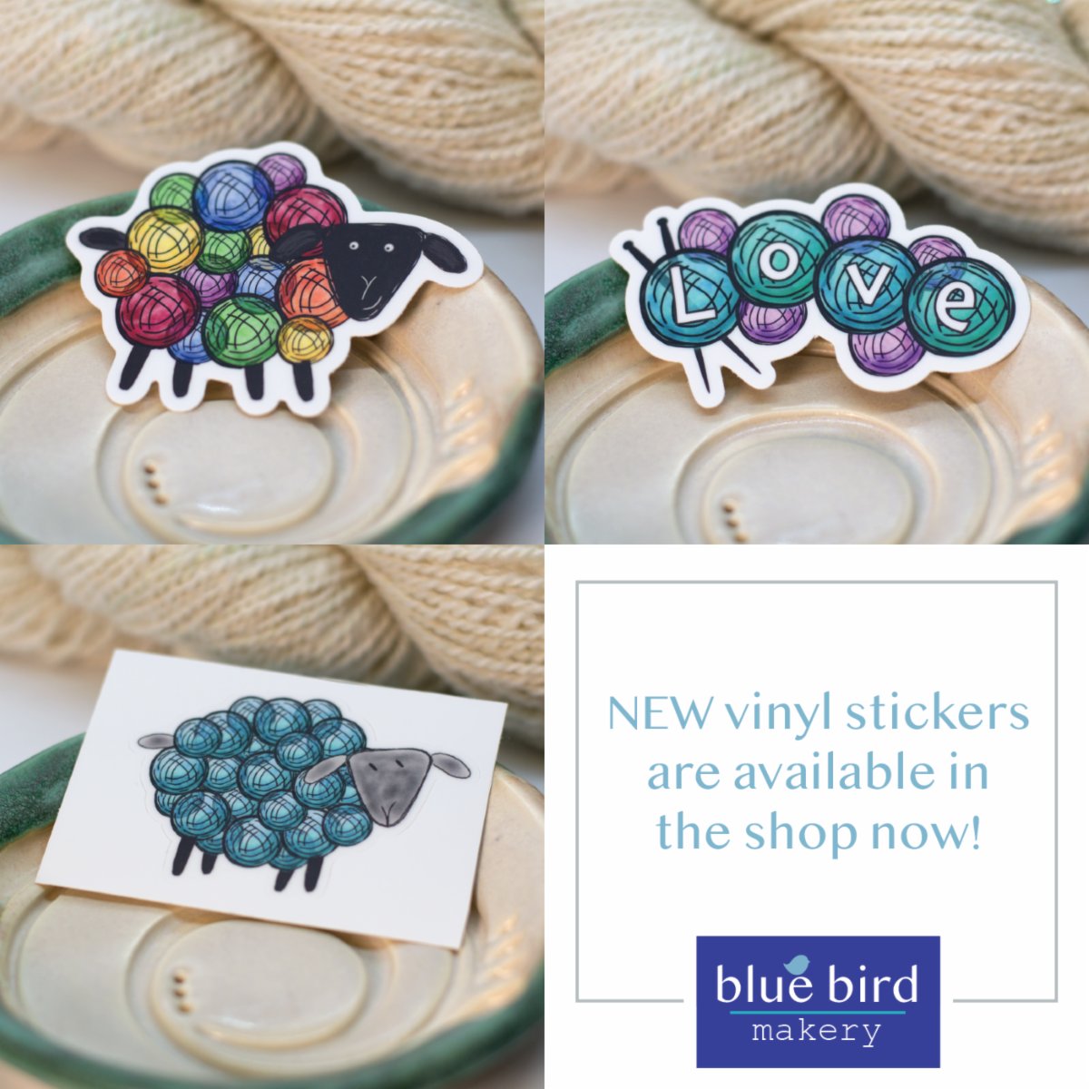 bluebirdmakery's tweet photo. Who loves stickers? We love stickers! Our new vinyl stickers are perfect for laptops, water bottles, and more. They are available in our Etsy shop now - https://t.co/HdhdFNj0Lt https://t.co/42BCR5teZu