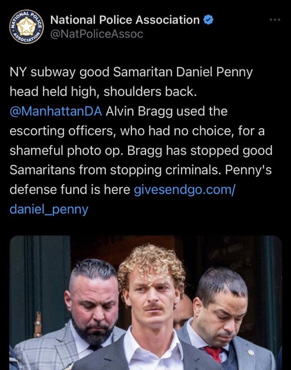 DyjuanTatro's tweet photo. The National Police Association chose to describe the man who choked someone to death on a crowded NYC subway as a “good samaritan.” They are raising money to defend a killer. Cops don’t care about public safety; they exist to criminalize and oppress people of color. https://t.co/FYk2DxsnaU