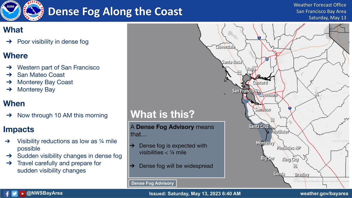 NWSBayArea's tweet photo. Prepare for sudden visibility changes along the coast this morning. Dense fog developing over western San Francisco, down the San Mateo coast and in/around Monterey Bay. Allow extra travel time this morning and stay safe! #cawx https://t.co/jgsmaQ0Mqw
