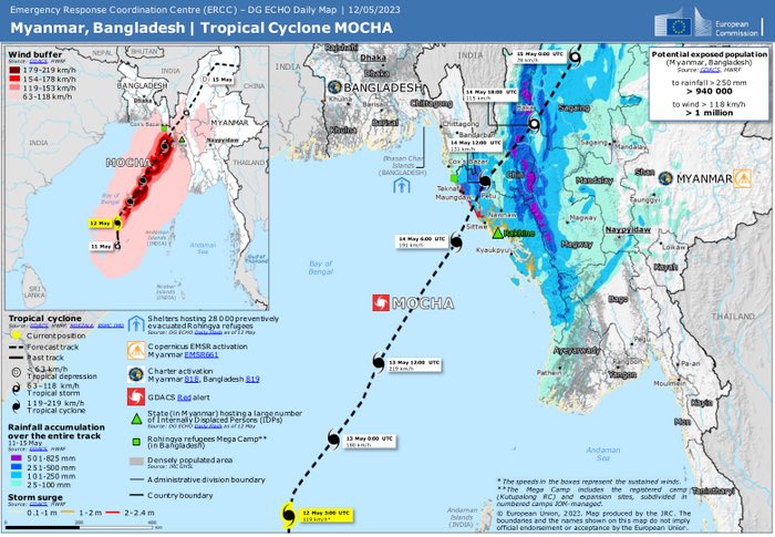 AKMSaifulIslam7's tweet photo. #CycloneMocha updates: Max wind speed up to 220 km/hr, rainfall up to 200 mm and Storm surges up to 4m in Teknaf, Coxbazar and Chittagong region. (Source: ECMWF, GFS, BMD, IMD). https://t.co/zqkxfAbjgC