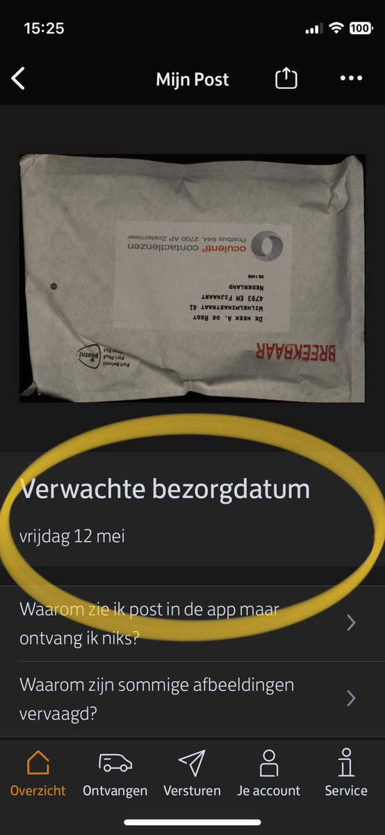 Al vier weken wacht ik op een nieuwe set contactlenzen. Vrijdag krijg ik in de PostNL app melding dat deze ‘naar verwachting’ die dag  geleverd wordt. Vrijdag 12/5 ❌ Zaterdag 13/5 ❌ Zondag 14/5 en Maandag 15/5 geen bezorging … dus nu Dinsdag 16/5 ? Lang leve <a href="/PostNL/">PostNL</a>