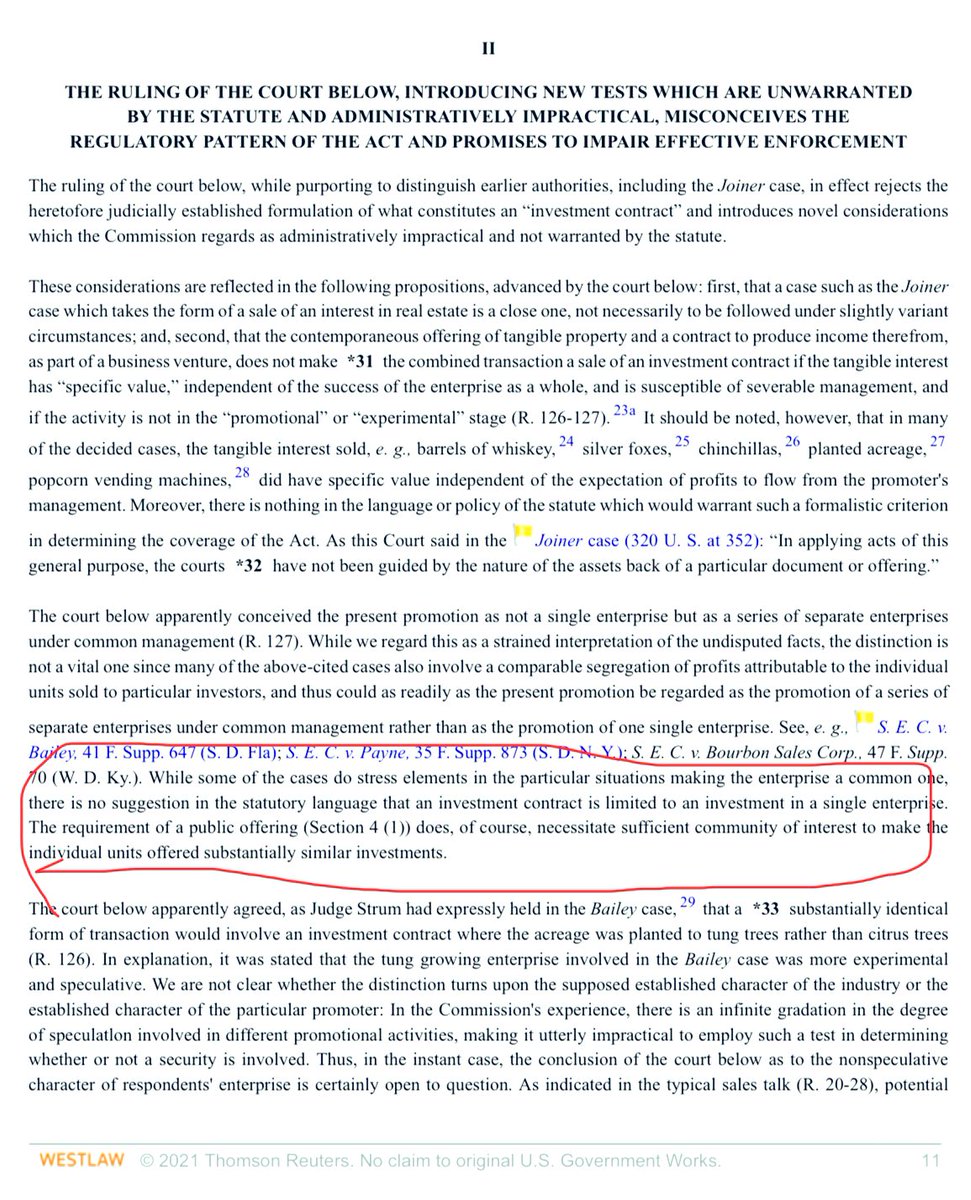 s_alderoty's tweet image. In 1946, in its Sup Ct “Howey” brief, the SEC unsuccessfully argued that an investment in a “common enterprise” was unnecessary provided there was a “community of interest”. The SEC was wrong then and it is still wrong now. Common Interest ≠ Common Enterprise.