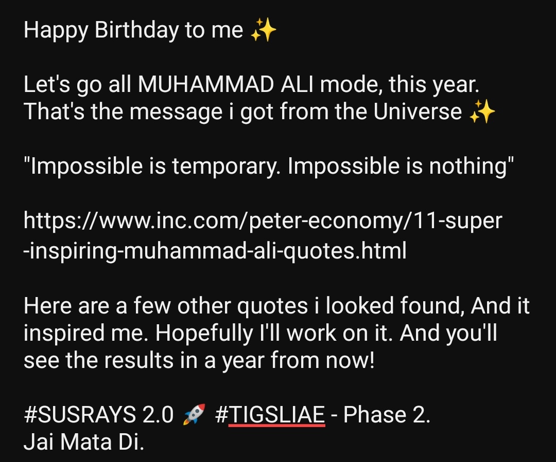 incrediblegirll's tweet photo. "Don't count the days. Make the days count." Let's go the Mohammad Ali way.
Happy Birthday to me! ๐
An another year, another story. This time I shall make it the GREATEST ever.
The link -
https://t.co/u9wC7iyYnk
#tigblog - 13.05.23 #TIGSLIAE Phase2 #IdiManaKatha #Susrays https://t.co/tEMiFRNYvZ