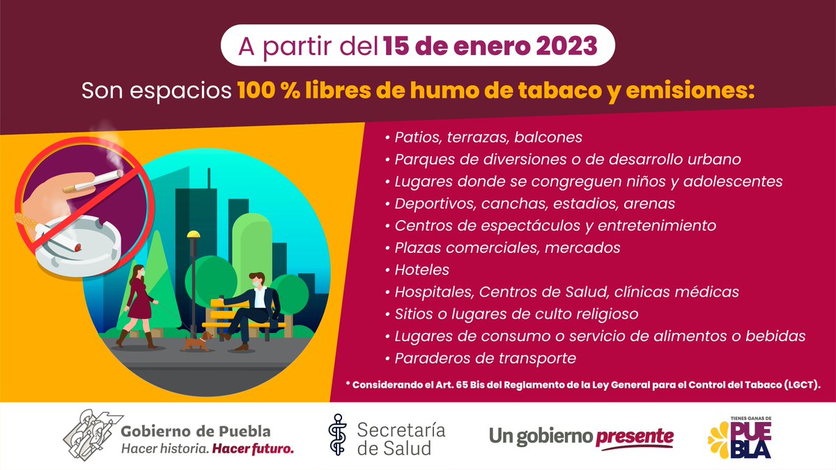 SaludGobPue's tweet photo. 🚭 Te recordamos los espacios donde por Ley General para el Control del Tabaco y su Reglamento, a partir del 15 de enero de 2023 está prohibido fumar: https://t.co/9vJPM4vrgw