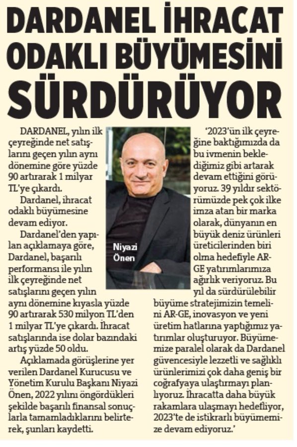 #DARDL Dardanel İhracat Odaklı Büyümesini Sürdürüyor 

YeniBirlik
#borsaplus #borsa #BorsaIstanbul #bist100

instagram.com/plusborsa