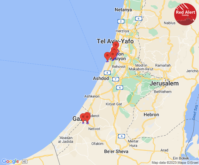CumtaAlertsEng's tweet photo. Red Alert [13/05/2023]:

21:41:
Rishon LeZion - West, Holon, Nachal Oz, Sa'ad, Kfar Azza

21:42:
Gan Sorek, Palmachim, Palmachin Industrial Park

Sent via @CumtaAlertsEng https://t.co/5Q8bURFZcJ