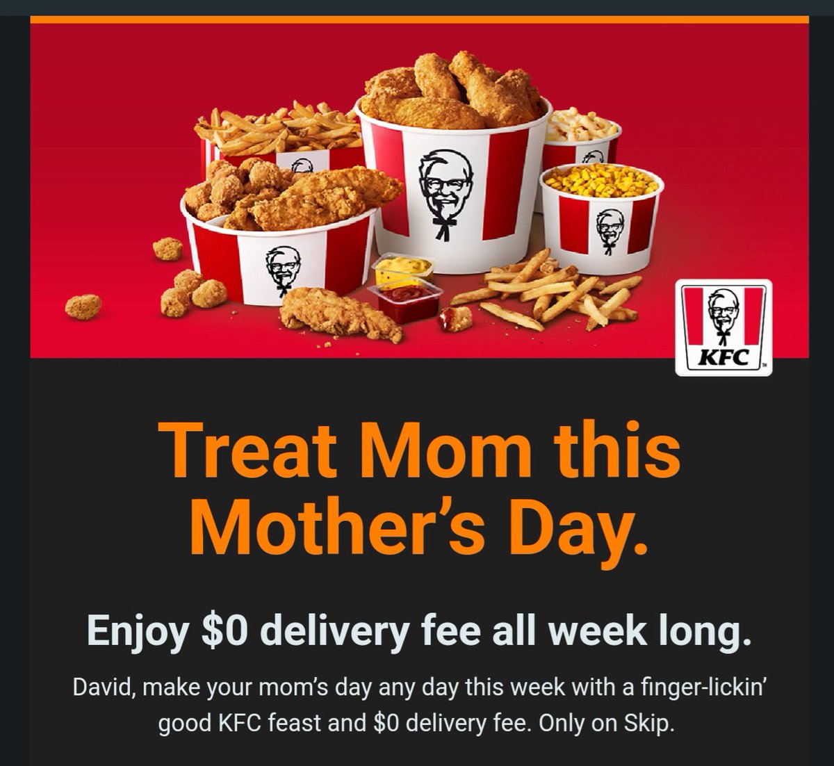 junkyard_dave's tweet photo. Hey mom,

Thanks for all you've done for me.

Here's a bucket a chicken. https://t.co/GZGVcQ5VX4