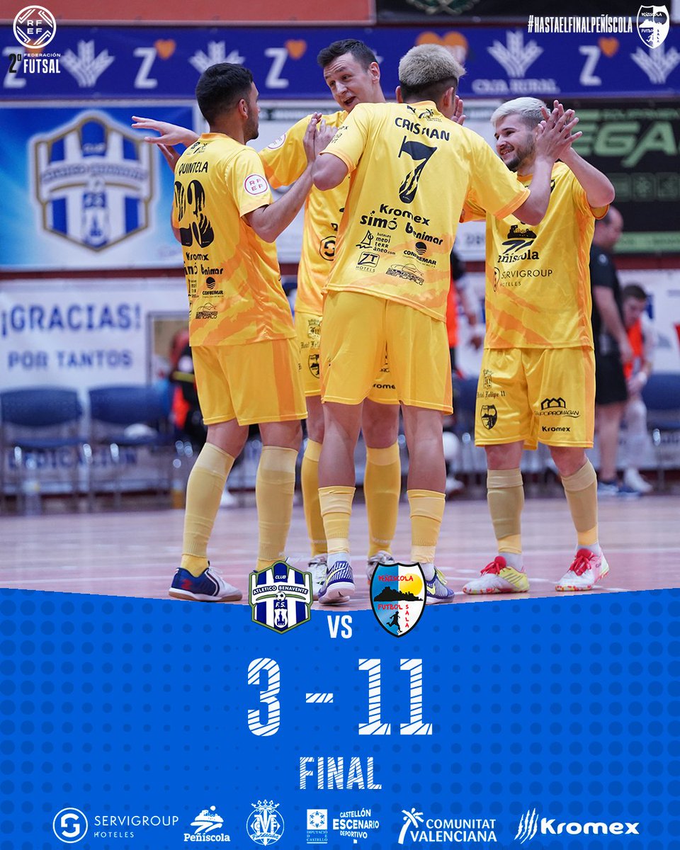 peniscolafs's tweet photo. 🏁 FINAL DEL PARTIDO

✅ Despedimos la temporada y la categoría con otra victoria que nos da el récord de puntos histórico en Segunda con 83.

¡Hasta la próxiima campaña, afición! 💙

#BenaventePeñíscola⚪️🟡 #FutsalRFEF 
#HastaElFinalPeñíscola 💙 https://t.co/NLcvGfJr0v